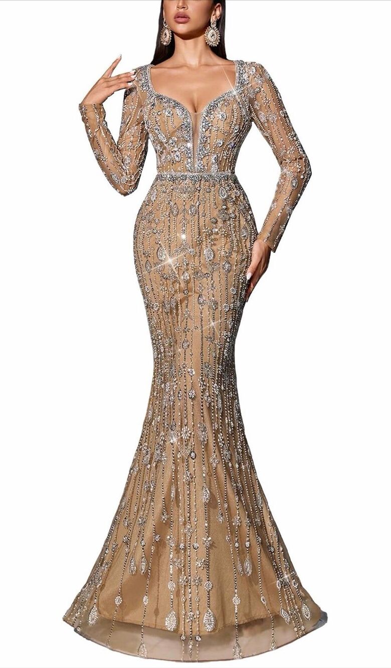 Brand NEW Beaded Rhinestone Mermaid Gown Champagne Nude Long Sleeve S